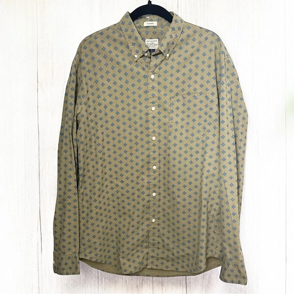J. Crew Camp Shirt Mens Classic 100% Cotton Olive Blue Floral Button Down ~ L